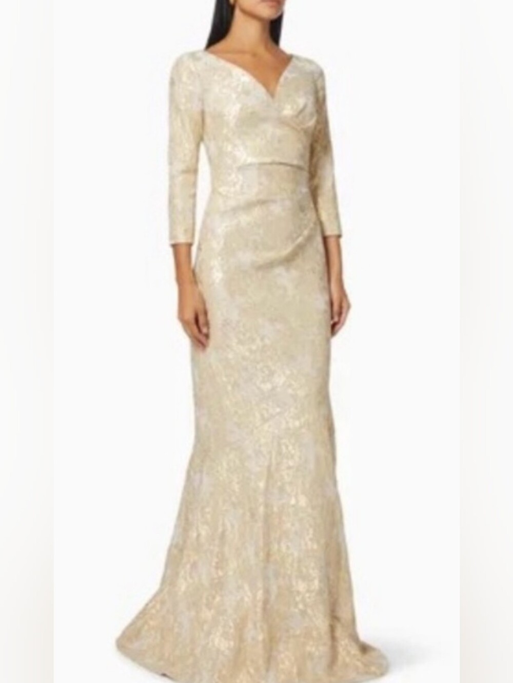 Teri Jon By Rickie Freeman NWT Size 10 Long-Sleeve Gold Lace Mermaid Gown PTP 19 - Picture 3 of 10